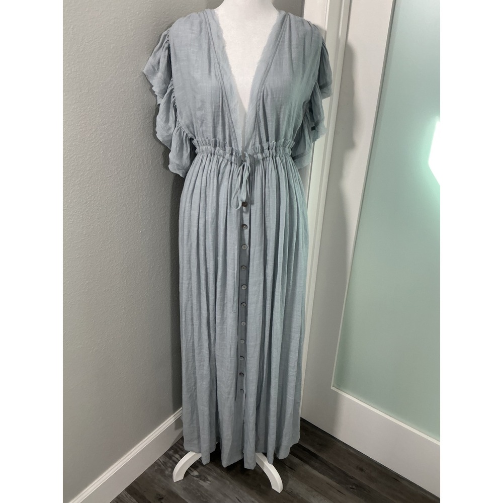 NWT Sweet Lovely by Jen Ruffle Sleeve Button Front Maxi Dress Blue Size S